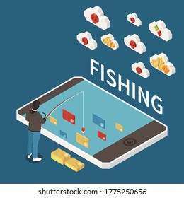 Hacker fishing digital crime isometric and abstract concept man phishing in internet vector illustration