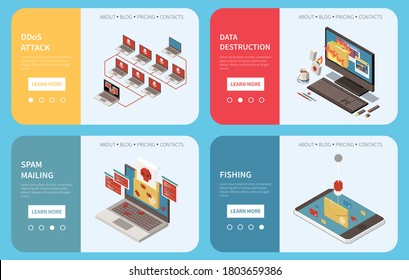 Hacker Fishing Digital Crime Isometric Banner Set With Ddos Attack Data Destruction Spam Mailing Descriptions Vector Illustration