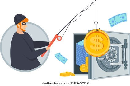 Hacker with fishing rod hacks into a bank safe. Cyberattack and computer Scams. Cyber criminal. Flat vector illustration.
