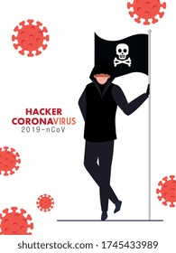hacker and flag with skull during covid 19 pandemic vector illustration design