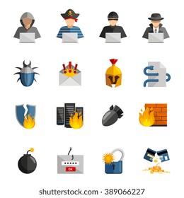 Hacker flat color icons set of bug firewall worm phishing  signs and broken credit card isolated vector illustration