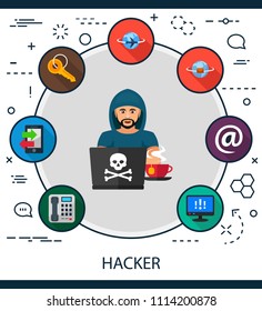 Hacker flat icons concept. Vector illustration. Element template for design.
