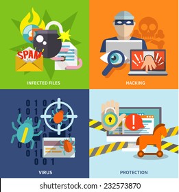 Hacker flat icons set with infected files hacking virus protection isolated vector illustration