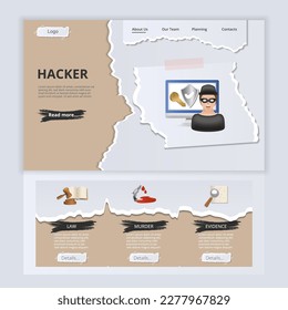 Hacker flat landing page website template. Law, murder, evidence. Web banner with header, content and footer. Vector illustration.