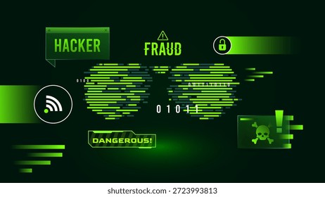Fraude de hackers y fondo de alerta de seguridad cibernética con código binario e icono de calavera peligrosa. Amenaza de seguridad cibernética, alerta de malware peligroso y concepto de robo de datos para temas de tecnología profesional.
