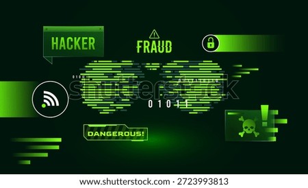 Hacker fraud and cyber security alert background with binary code and dangerous skull icon. Cyber security threat, dangerous malware alert, and data theft concept for professional technology themes.