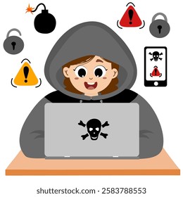 Hacker in front of laptop, simple illustration of hacker, icon of password, unlocked key. Hacker, Cyber criminal with laptop stealing user personal data. Hacker attack and web security concept