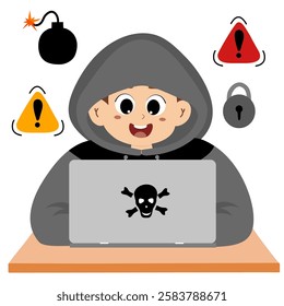 Hacker in front of laptop, simple illustration of hacker, icon of password, unlocked key. Hacker, Cyber criminal with laptop stealing user personal data. Hacker attack and web security concept