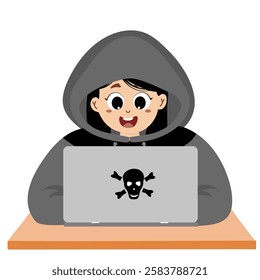 Hacker in front of laptop, simple illustration of hacker, icon of password, unlocked key. Hacker, Cyber criminal with laptop stealing user personal data. Hacker attack and web security concept