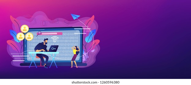 Hacker gathering target individuals sensitive data and making it public. Doxing, gathering online information, hacking exploit result concept. Header or footer banner template with copy space.