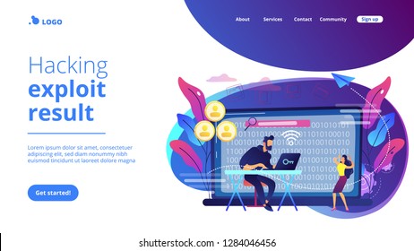 Hacker gathering target individuals sensitive data and making it public. Doxing, gathering online information, hacking exploit result concept. Website vibrant violet landing web page template.