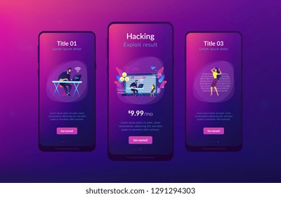 Hacker gathering target individuals sensitive data and making it public. Doxing, gathering online information, hacking exploit result concept. Mobile UI UX GUI template, app interface wireframe