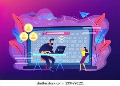 Hacker gathering target individuals sensitive data and making it public. Doxing, gathering online information, hacking exploit result concept. Bright vibrant violet vector isolated illustration
