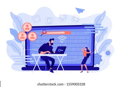 Hacker gathering target individuals sensitive data and making it public. Doxing, gathering online information, hacking exploit result concept. Pinkish coral bluevector isolated illustration