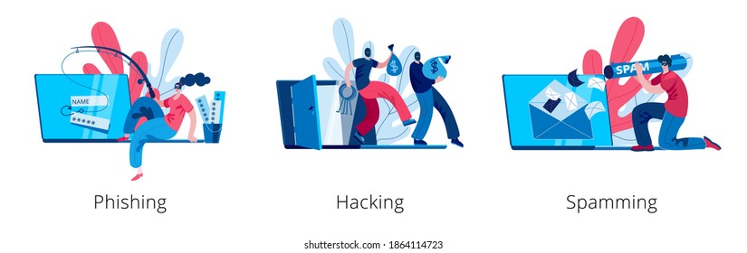 A hacker girl is engaged in phishing on a laptop. Thieves take money out of a broken computer. Spammer attacks the mail client. A set of vector illustrations on the topic of cybercrime.