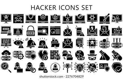 Juego de iconos de glifo hacker. contienen datos, seguridad, advertencia, phishing, computadora, anónimo y más. uso para concepto moderno, kit de interfaz de usuario o UX, web y aplicación. vector EPS 10 listo para convertir a SVG