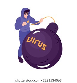 Hacker going to explode virus bomb isometric icon 3d vector illustration