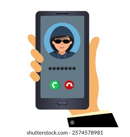 Hacker. I got a call from my phone. Some guy. man. holding it in your hands. phishing scam, hacker attack, online scanning and theft. Vector illustration.