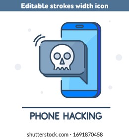 Un hacker hackeó el teléfono y robó los datos. Los ladrones piden dinero a través de la aplicación móvil. Icono de esquema de seguridad y protección de teléfonos inteligentes. Concepto de ilustración vectorial con ancho de trazos editables.