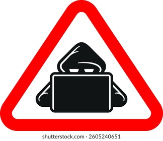 Hacker or hacking alert icon. Cyber criminal with laptop inside red warning sign. Isolated vector illustration.