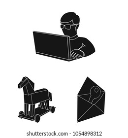 Hacker and hacking black icons in set collection for design. Hacker and equipment vector symbol stock web illustration.