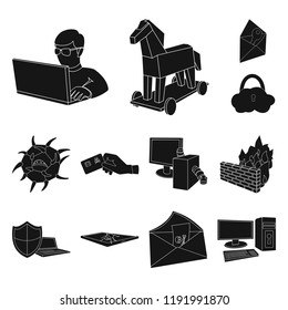 Hacker and hacking black icons in set collection for design. Hacker and equipment vector symbol stock web illustration.