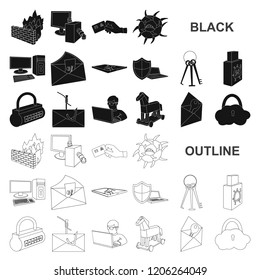 Hacker and hacking black icons in set collection for design. Hacker and equipment vector symbol stock web illustration.