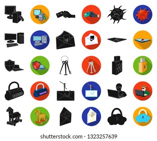 Hacker and hacking black,flat icons in set collection for design. Hacker and equipment vector symbol stock web illustration.