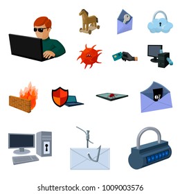 Hacker and hacking cartoon icons in set collection for design. Hacker and equipment vector symbol stock web illustration.