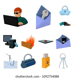 Hacker and hacking cartoon icons in set collection for design. Hacker and equipment vector symbol stock web illustration.