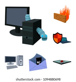 Hacker and hacking cartoon icons in set collection for design. Hacker and equipment vector symbol stock web illustration.