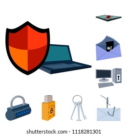 Hacker and hacking cartoon icons in set collection for design. Hacker and equipment vector symbol stock web illustration.