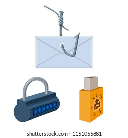 Hacker and hacking cartoon icons in set collection for design. Hacker and equipment vector symbol stock web illustration.