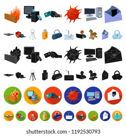 Hacker and hacking cartoon icons in set collection for design. Hacker and equipment vector symbol stock web illustration.