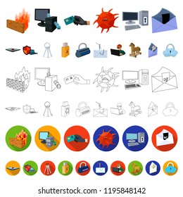 Hacker and hacking cartoon icons in set collection for design. Hacker and equipment vector symbol stock web illustration.