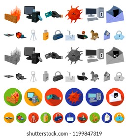 Hacker and hacking cartoon icons in set collection for design. Hacker and equipment vector symbol stock web illustration.