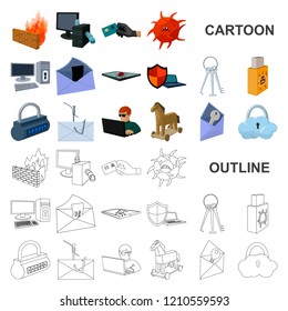 Hacker and hacking cartoon icons in set collection for design. Hacker and equipment vector symbol stock web illustration.