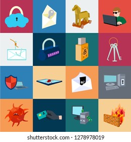 Hacker and hacking cartoon icons in set collection for design. Hacker and equipment vector symbol stock web illustration.