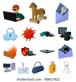 Hacker and hacking cartoon icons in set collection for design. Hacker and equipment vector symbol stock web illustration.