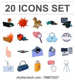 Hacker and hacking cartoon icons in set collection for design. Hacker and equipment vector symbol stock web illustration.