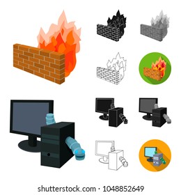Hacker and hacking cartoon,black,flat,monochrome,outline icons in set collection for design. Hacker and equipment vector symbol stock web illustration.