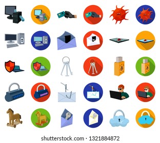 Hacker and hacking cartoon,flat icons in set collection for design. Hacker and equipment vector symbol stock web illustration.