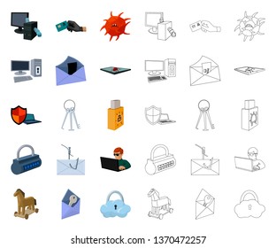 Hacker and hacking cartoon,outline icons in set collection for design. Hacker and equipment vector symbol stock web illustration.