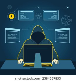 hacker, hackeo informático, cibercriminal con laptop, cibercrimen, actividad de hackers, ataque DDoS. Ciberataques y seguridad de sitios web