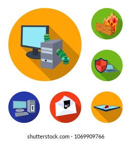 Hacker and hacking flat icons in set collection for design. Hacker and equipment vector symbol stock web illustration.