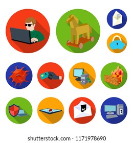 Hacker and hacking flat icons in set collection for design. Hacker and equipment vector symbol stock web illustration.