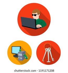 Hacker and hacking flat icons in set collection for design. Hacker and equipment vector symbol stock web illustration.