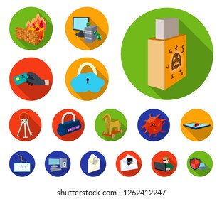 Hacker and hacking flat icons in set collection for design. Hacker and equipment vector symbol stock web illustration.