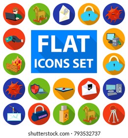 Hacker and hacking flat icons in set collection for design. Hacker and equipment vector symbol stock web illustration.