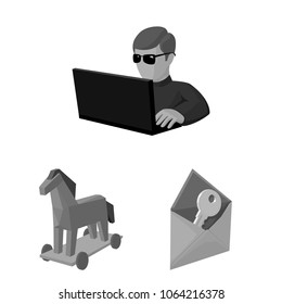Hacker and hacking monochrome icons in set collection for design. Hacker and equipment vector symbol stock web illustration.